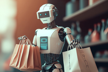 Robot holding shopping bags. Artificial inteligence robot, smart robot helping humans with shopping bags. Ai generatedの素材