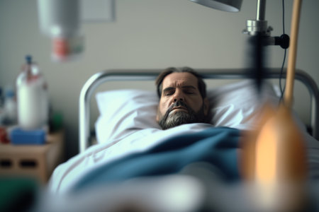 Man suffering on the Hospital Bed. Ill person in the hospital with medical equipment next to him. Ai generated illustration ( not a real person )の素材