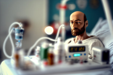 Man suffering on the Hospital Bed. Ill person in the hospital with medical equipment next to him. Ai generated illustration ( not a real person )の素材