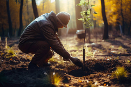 Man planting a young tree. Re forestation. Planting a tree with a shovel. Hands planting a young tree illustration. Ai generated ( not a real person )の素材