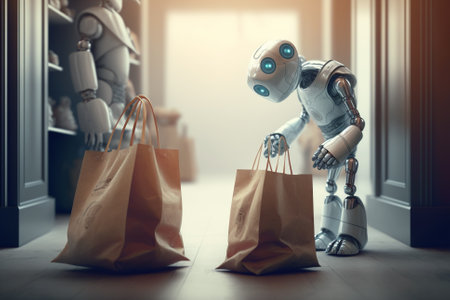 Robot holding shopping bags. Artificial inteligence robot, smart robot helping humans with shopping bags. Ai generatedの素材