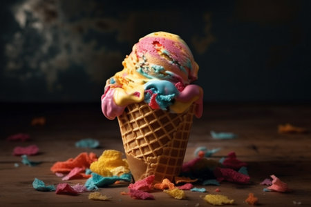 Vibrant Rainbow Cone of Ice cream. Colorful Vibrant ice cream cone on a dark background illustration. Ai generatedの素材