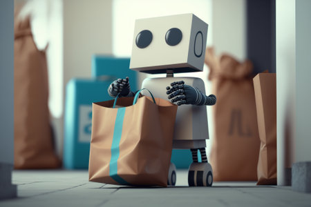 Robot holding shopping bags. Artificial inteligence robot, smart robot helping humans with shopping bags. Ai generatedの素材