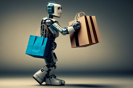 Robot holding shopping bags. Artificial inteligence robot, smart robot helping humans with shopping bags. Ai generatedの素材
