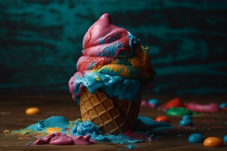 Vibrant Rainbow Cone of Ice cream. Colorful Vibrant ice cream cone on a dark background illustration. Ai generatedの素材