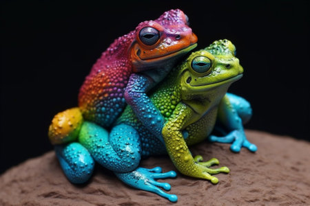 Frogs in Amazing Colors. Vibrant frogs with Beautiful colorful skin. Rainbow colored frogs with amazing detail. Ai generated illustrationの素材