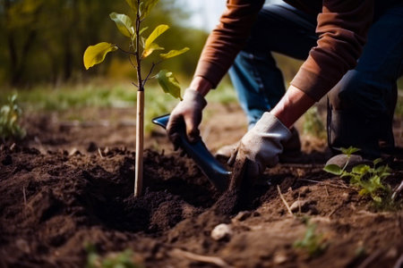 Man planting a young tree. Re forestation. Planting a tree with a shovel. Hands planting a young tree illustration. Ai generated ( not a real person )の素材