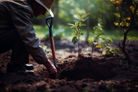 Man planting a young tree. Re forestation. Planting a tree with a shovel. Hands planting a young tree illustration. Ai generated ( not a real person )の素材