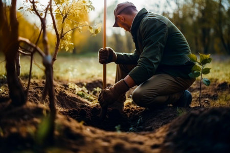 Man planting a young tree. Re forestation. Planting a tree with a shovel. Hands planting a young tree illustration. Ai generated ( not a real person )の素材