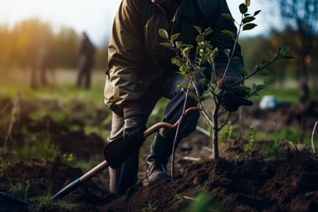 Man planting a young tree. Re forestation. Planting a tree with a shovel. Hands planting a young tree illustration. Ai generated ( not a real person )の素材
