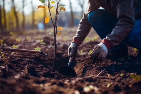 Man planting a young tree. Re forestation. Planting a tree with a shovel. Hands planting a young tree illustration. Ai generated ( not a real person )の素材