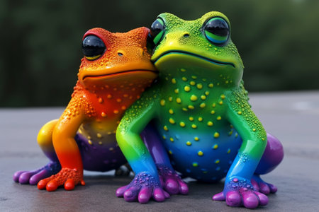 Frogs in Amazing Colors. Vibrant frogs with Beautiful colorful skin. Rainbow colored frogs with amazing detail. Ai generated illustrationの素材