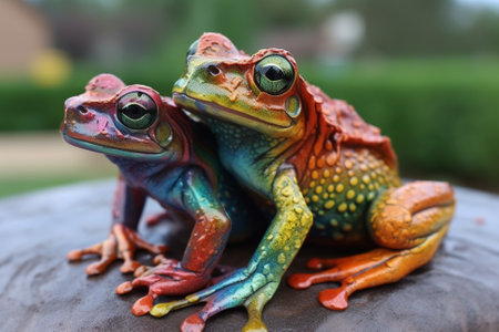 Frogs in Amazing Colors. Vibrant frogs with Beautiful colorful skin. Rainbow colored frogs with amazing detail. Ai generated illustrationの素材