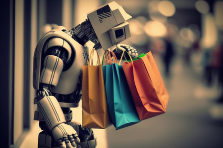 Robot holding shopping bags. Artificial inteligence robot, smart robot helping humans with shopping bags. Ai generatedの素材