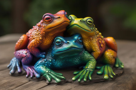Frogs in Amazing Colors. Vibrant frogs with Beautiful colorful skin. Rainbow colored frogs with amazing detail. Ai generated illustrationの素材