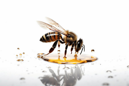 An illustration of a bee on a white background with drips of honey, emphasizing the importance of bees in pollination and honey production. Ai generatedの素材