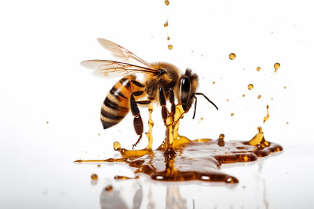 An illustration of a bee on a white background with drips of honey, emphasizing the importance of bees in pollination and honey production. Ai generatedの素材