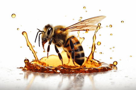 An illustration of a bee on a white background with drips of honey, emphasizing the importance of bees in pollination and honey production. Ai generatedの素材