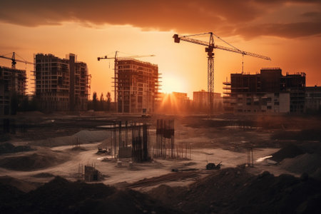 Illustratuon of a Construction site at sunset, showing towering buildings in various stages of construction, surrounded by cranes and heavy equipment.Ai generatedの素材
