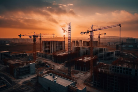 Illustratuon of a Construction site at sunset, showing towering buildings in various stages of construction, surrounded by cranes and heavy equipment.Ai generatedの素材