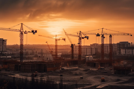 Illustratuon of a Construction site at sunset, showing towering buildings in various stages of construction, surrounded by cranes and heavy equipment.Ai generatedの素材