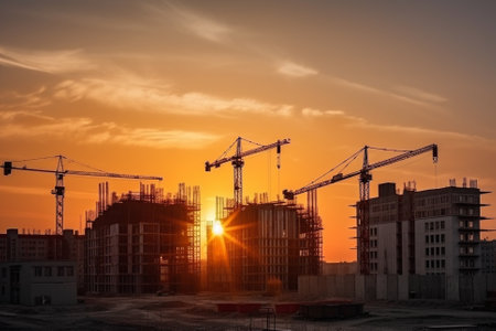 Illustratuon of a Construction site at sunset, showing towering buildings in various stages of construction, surrounded by cranes and heavy equipment.Ai generatedの素材
