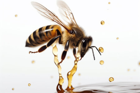 An illustration of a bee on a white background with drips of honey, emphasizing the importance of bees in pollination and honey production. Ai generatedの素材
