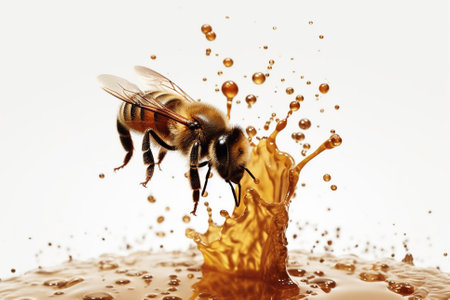 An illustration of a bee on a white background with drips of honey, emphasizing the importance of bees in pollination and honey production. Ai generatedの素材