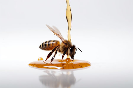 An illustration of a bee on a white background with drips of honey, emphasizing the importance of bees in pollination and honey production. Ai generatedの素材