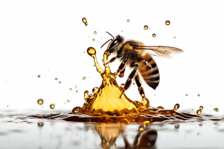 An illustration of a bee on a white background with drips of honey, emphasizing the importance of bees in pollination and honey production. Ai generatedの素材