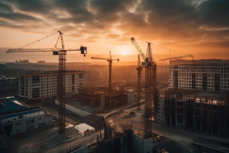 Illustratuon of a Construction site at sunset, showing towering buildings in various stages of construction, surrounded by cranes and heavy equipment.Ai generatedの素材
