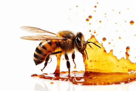 An illustration of a bee on a white background with drips of honey, emphasizing the importance of bees in pollination and honey production. Ai generatedの素材
