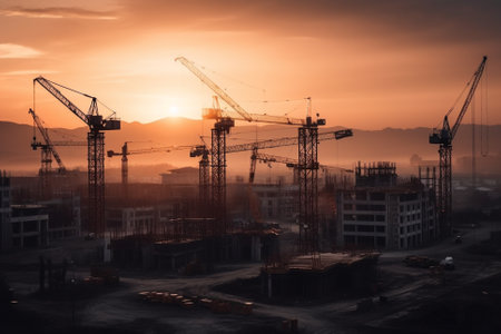 Illustratuon of a Construction site at sunset, showing towering buildings in various stages of construction, surrounded by cranes and heavy equipment.Ai generatedの素材
