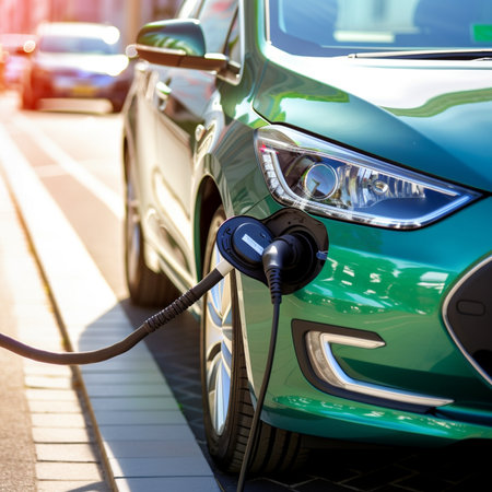 An illustration of an electric vehicle (EV) connected to a charging station, representing the future of sustainable transportation and the shift away from fossil fuels. Ai generatedの素材