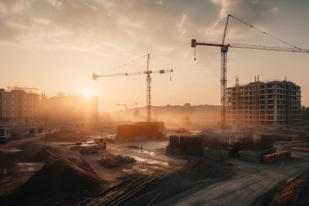 Illustratuon of a Construction site at sunset, showing towering buildings in various stages of construction, surrounded by cranes and heavy equipment.Ai generatedの素材