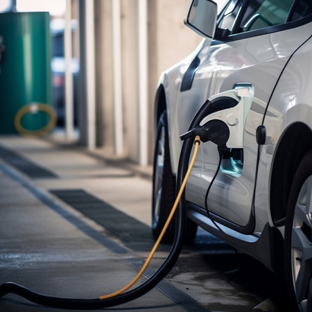 An illustration of an electric vehicle (EV) connected to a charging station, representing the future of sustainable transportation and the shift away from fossil fuels. Ai generatedの素材
