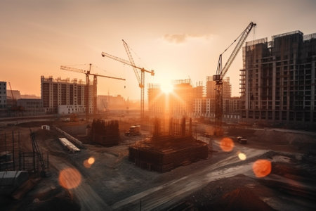 Illustratuon of a Construction site at sunset, showing towering buildings in various stages of construction, surrounded by cranes and heavy equipment.Ai generatedの素材