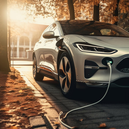 An illustration of an electric vehicle (EV) connected to a charging station, representing the future of sustainable transportation and the shift away from fossil fuels. Ai generatedの素材