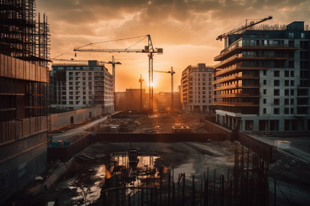 Illustratuon of a Construction site at sunset, showing towering buildings in various stages of construction, surrounded by cranes and heavy equipment.Ai generatedの素材