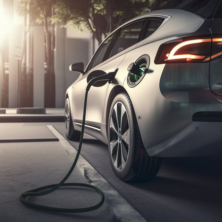 An illustration of an electric vehicle (EV) connected to a charging station, representing the future of sustainable transportation and the shift away from fossil fuels. Ai generatedの素材