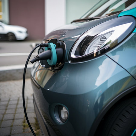 An illustration of an electric vehicle (EV) connected to a charging station, representing the future of sustainable transportation and the shift away from fossil fuels. Ai generatedの素材