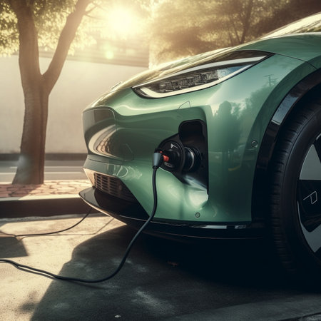 An illustration of an electric vehicle (EV) connected to a charging station, representing the future of sustainable transportation and the shift away from fossil fuels. Ai generatedの素材