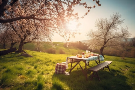 An illustration of a beautiful spring landscape with green grass and sunny weather, showcasing a lovely picnic setup with a checkered blanket, basket of food, and flowers. Ai generatedの素材
