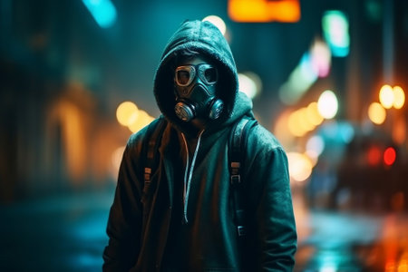 An illustration of a man in a hoodie at night, wearing a gas mask as a form of protection. The city lights in the background add to the eerie atmosphere, while the bokeh effect creates a sense of depth and motion.Ai generatedの素材