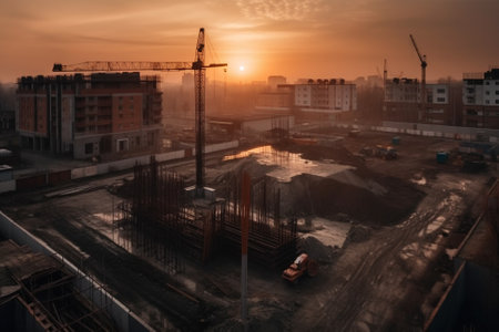 Illustratuon of a Construction site at sunset, showing towering buildings in various stages of construction, surrounded by cranes and heavy equipment.Ai generatedの素材
