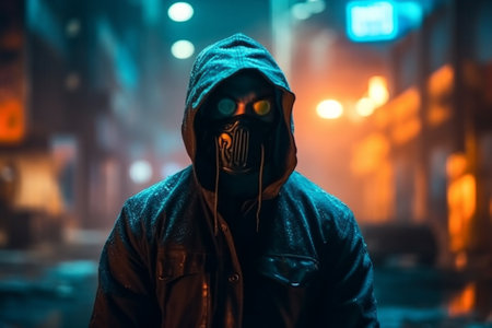 An illustration of a man in a hoodie at night, wearing a gas mask as a form of protection. The city lights in the background add to the eerie atmosphere, while the bokeh effect creates a sense of depth and motion.Ai generatedの素材
