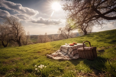 An illustration of a beautiful spring landscape with green grass and sunny weather, showcasing a lovely picnic setup with a checkered blanket, basket of food, and flowers. Ai generatedの素材