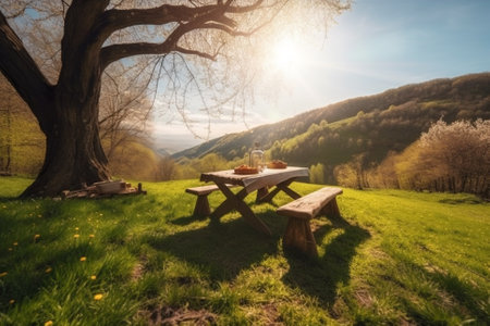 An illustration of a beautiful spring landscape with green grass and sunny weather, showcasing a lovely picnic setup with a checkered blanket, basket of food, and flowers. Ai generatedの素材