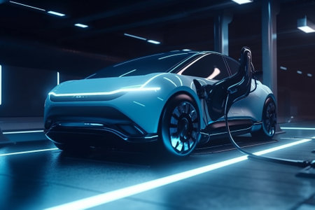 An illustration of an electric vehicle (EV) connected to a charging station, representing the future of sustainable transportation and the shift away from fossil fuels. Ai generatedの素材