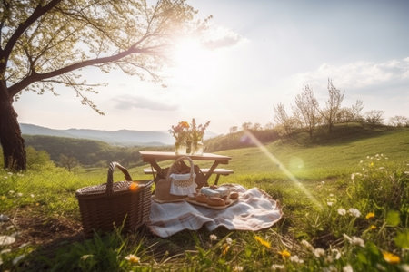 An illustration of a beautiful spring landscape with green grass and sunny weather, showcasing a lovely picnic setup with a checkered blanket, basket of food, and flowers. Ai generatedの素材